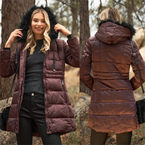 Wine Glossy Long Fitted Vegan Fur Hood Detail Wint - Picture 1 of 4